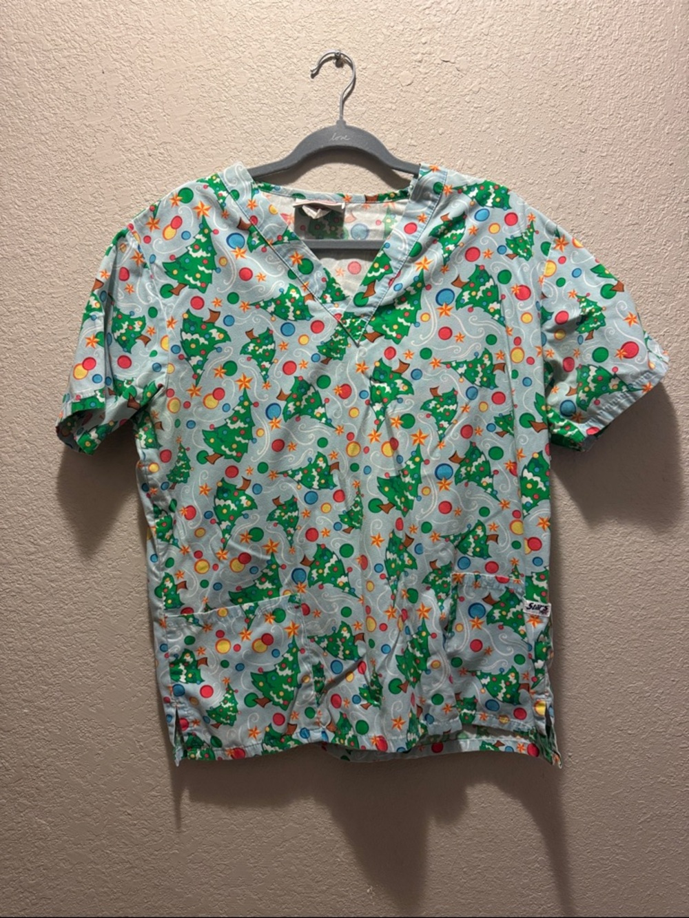 Light Blue Christmas Tree Print Scrub Top